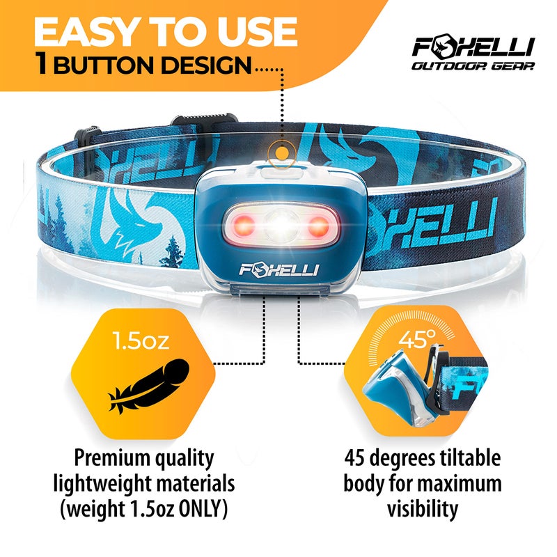 Foxelli LED Headlamp Flashlight for Adults & Kids, Running, Camping, Hiking Head Lamp with White & Red Light, Comfortable Headband, Lightweight & Waterproof, 3 AAA Batteries - Image 2